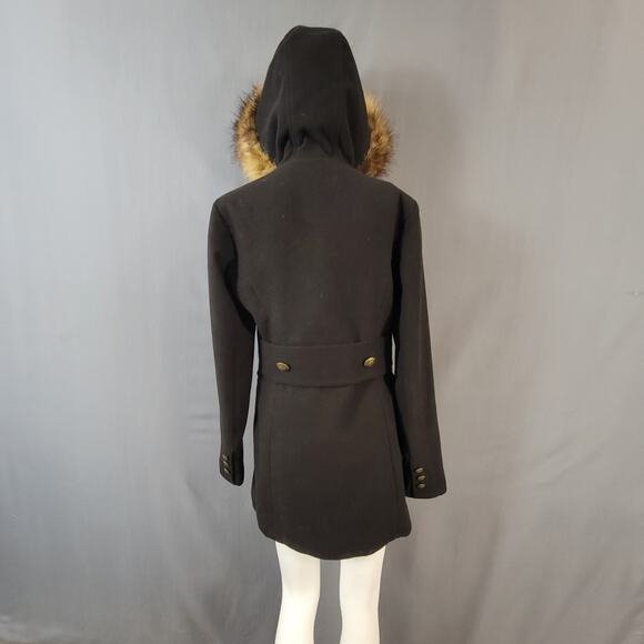Black Faux Fur Hooded Coat with Gold Crest Buttons by d.e.t.a.i.l.s Intl - Picture 4 of 16